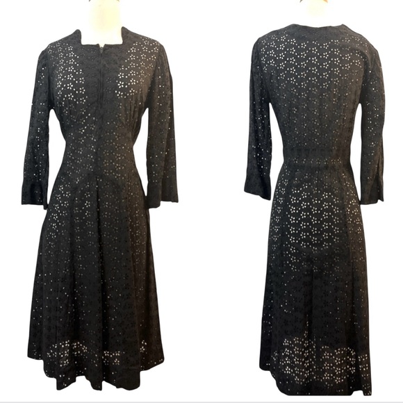 Vintage 1950’s Black Eyelet Cotton Dress, A Line,  Size Medium, 6/8 Approximate - Picture 1 of 12